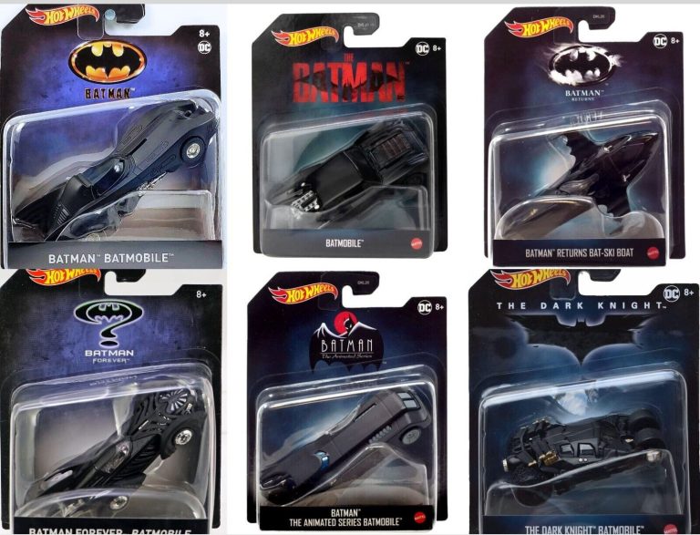 "Assorted Mattel Hot Wheels Batman vehicles, intricately designed at 1:50 scale."