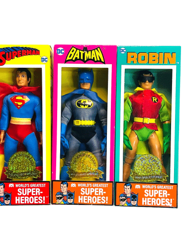 "Collector's edition Mego 50th Anniversary Set featuring 8-inch figures of Batman, Robin, and Superman in a sealed box."