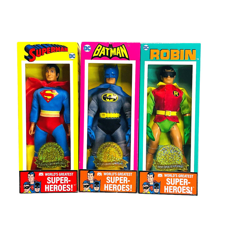 "Collector's edition Mego 50th Anniversary Set featuring 8-inch figures of Batman, Robin, and Superman in a sealed box."