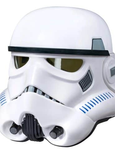 "Star Wars The Black Series Imperial Stormtrooper Electronic Voice Changer Helmet with glossy white finish and black details."