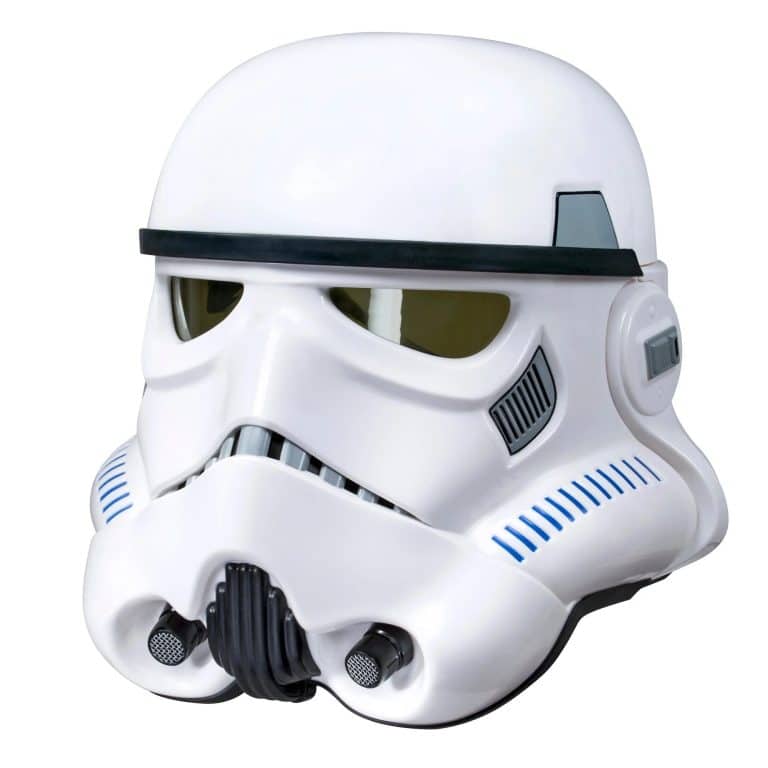 "Star Wars The Black Series Imperial Stormtrooper Electronic Voice Changer Helmet with glossy white finish and black details."