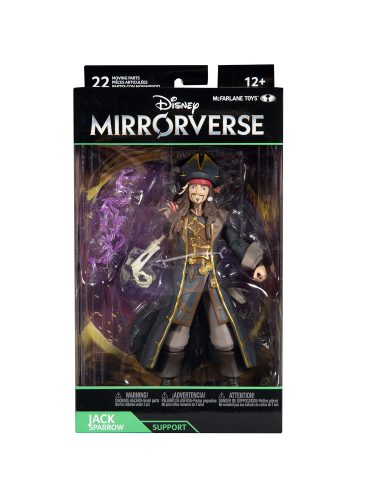 "7-inch McFarlane Disney Mirrorverse Captain Jack Sparrow action figure in signature pirate attire with accessories."