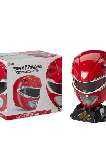 "Hasbro Power Rangers Lightning Collection Mighty Morphin Red Ranger replica helmet with glossy finish."