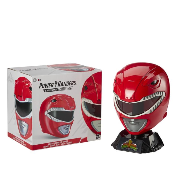 "Hasbro Power Rangers Lightning Collection Mighty Morphin Red Ranger replica helmet with glossy finish."