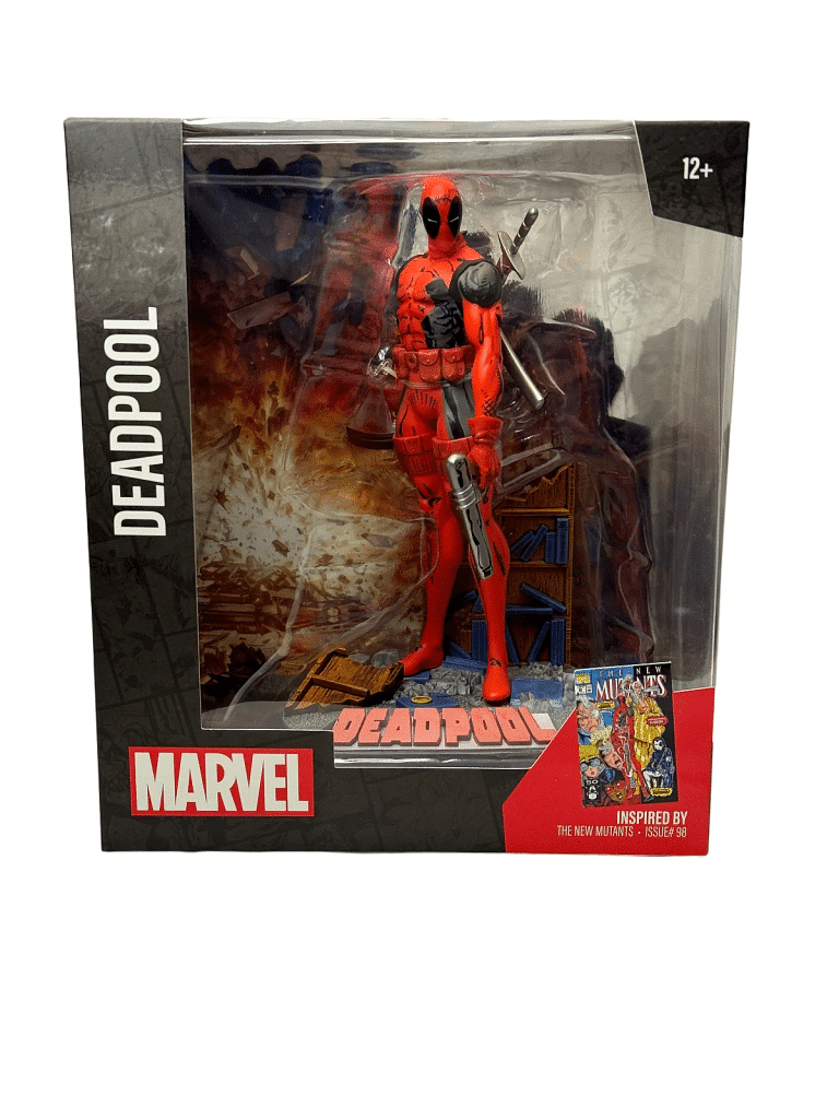 "7-inch McFarlane Toys Deadpool figure in dynamic pose with dual katanas, inspired by The New Mutants #98 comic."