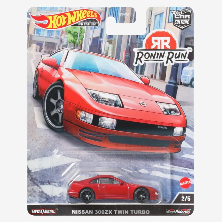 "Hot Wheels Ronin Run Nissan 300ZX Twin Turbo diecast model car with detailed features and vibrant decals."