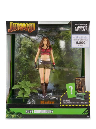 "6-inch McFarlane Toys Ruby Roundhouse figure from Jumanji in dynamic pose with detailed outfit and weaponry."