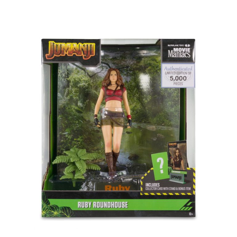 "6-inch McFarlane Toys Ruby Roundhouse figure from Jumanji in dynamic pose with detailed outfit and weaponry."