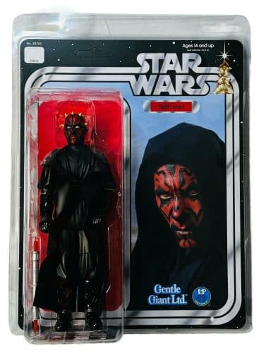 "12-inch Diamond Select Star Wars Darth Maul action figure with red and black robe and double-bladed lightsaber."