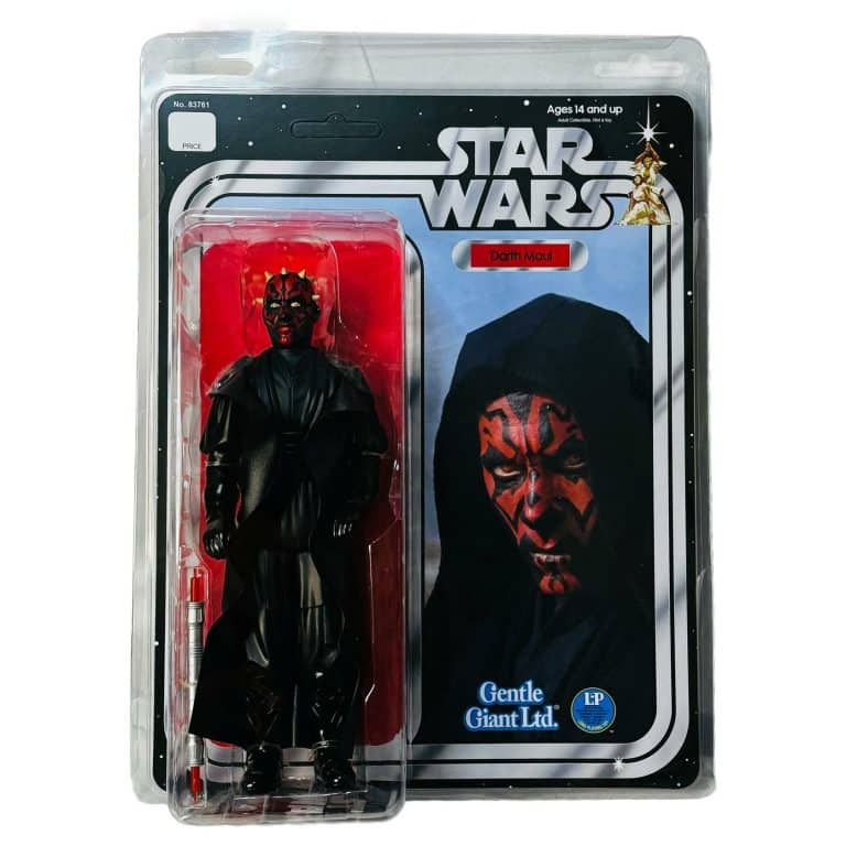 "12-inch Diamond Select Star Wars Darth Maul action figure with red and black robe and double-bladed lightsaber."