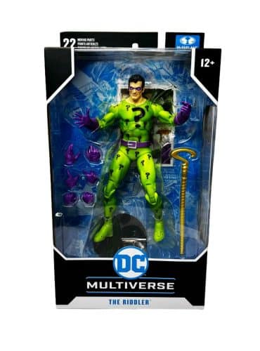 "7-inch McFarlane DC Multiverse: The Riddler action figure in classic green question mark suit with bowler hat and cane."