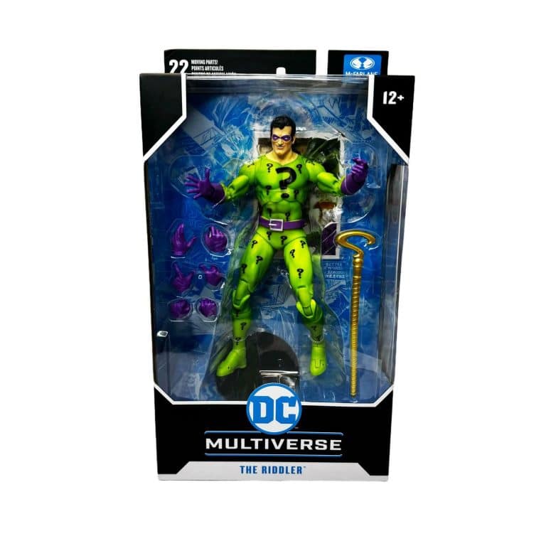 "7-inch McFarlane DC Multiverse: The Riddler action figure in classic green question mark suit with bowler hat and cane."