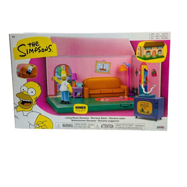 "Simpsons Living Room Diorama playset by Jakks Pacific featuring 2.5" Homer Simpson figure and interactive furniture."