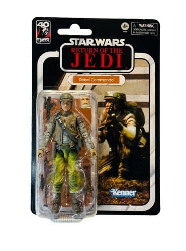 "6-inch STAR WARS Black Series Rebel Commando action figure with accessories, commemorating Return of The Jedi 40th anniversary."