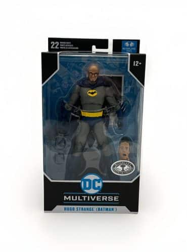 "7-inch McFarlane DC Multiverse HUGO STRANGE action figure in platinum chase variant, packaged in a window box."