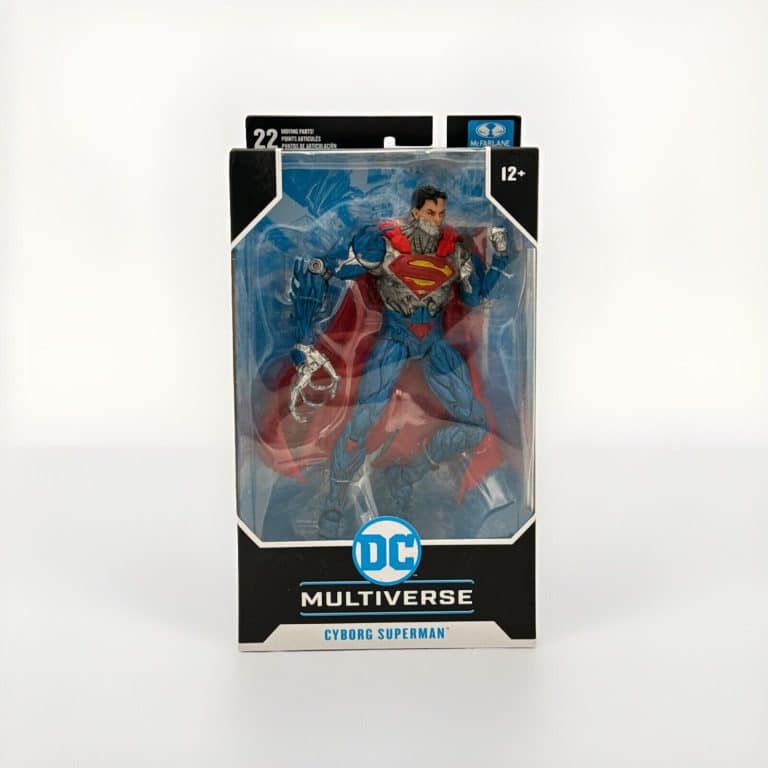 "7-inch McFarlane DC Multiverse Cyborg Superman action figure in multicolor design, with stand and boxed packaging."