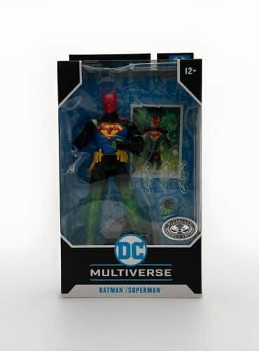 "7-inch McFarlane DC Multiverse Batman Superman Fusion Platinum Chase action figure with stand."