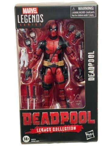 "6-inch Marvel Legends Deadpool action figure from Deadpool 2 Legacy Collection with katanas and blasters, by Hasbro."