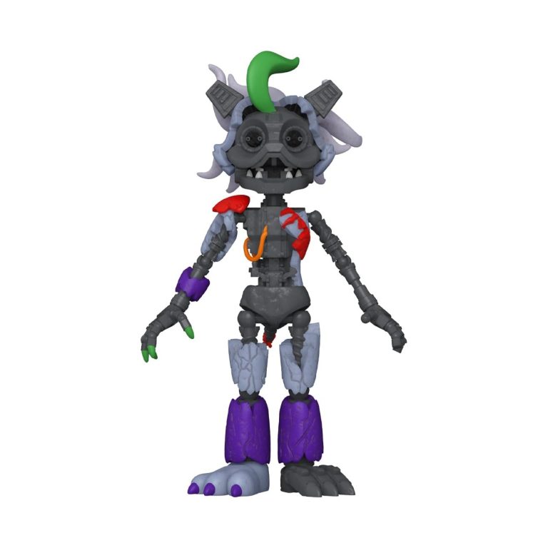 "Funko Five Nights at Freddy's Ruined Roxy action figure, featuring a battle-worn appearance with green hair."