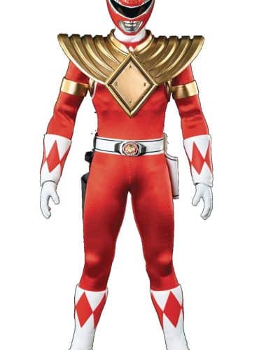 "12-inch ThreeZero Mighty Morphin Power Rangers Dragon Shield Red Ranger action figure with Power Sword, Blade Blaster, and Dragon Dagger."