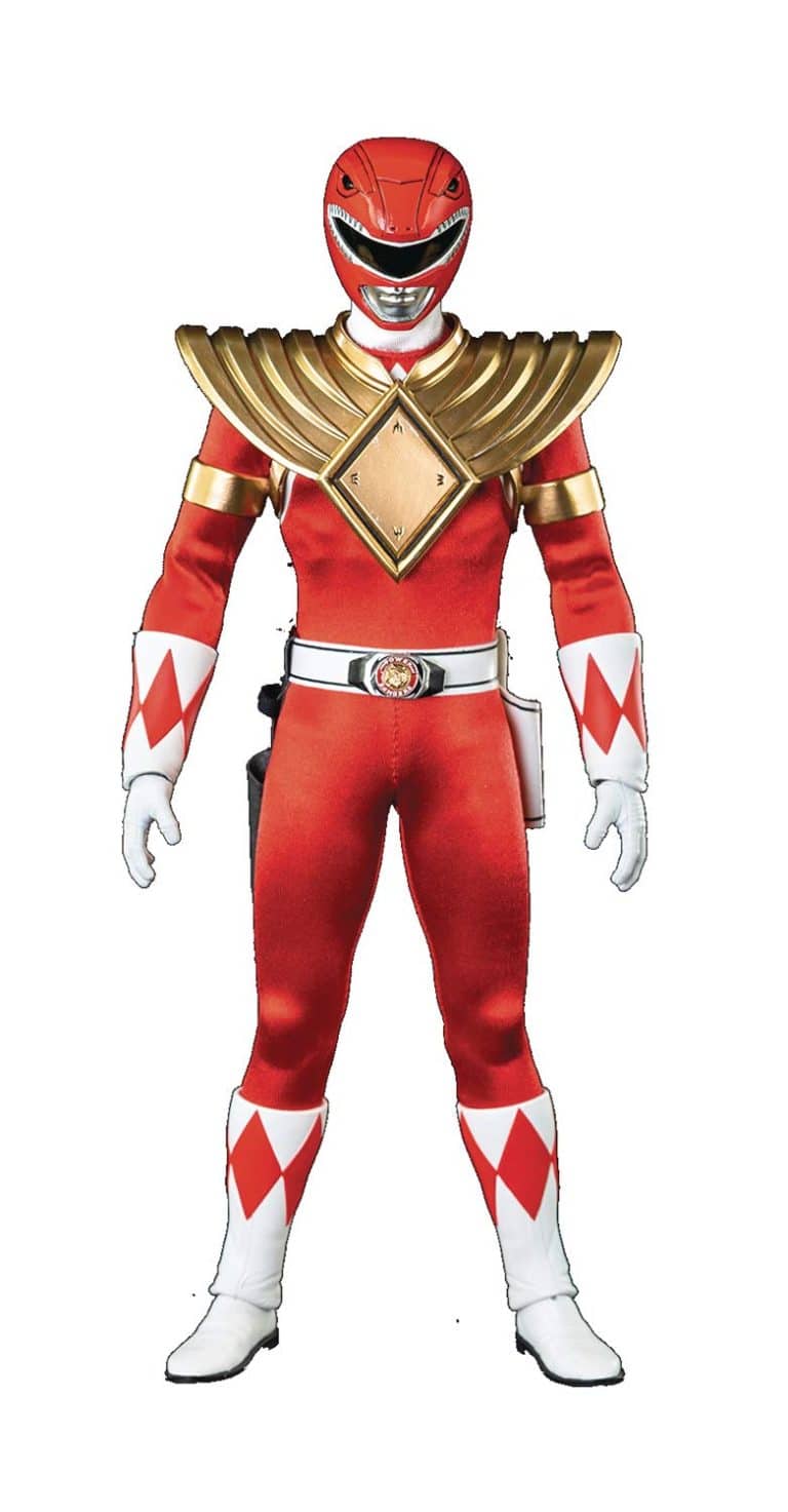 "12-inch ThreeZero Mighty Morphin Power Rangers Dragon Shield Red Ranger action figure with Power Sword, Blade Blaster, and Dragon Dagger."