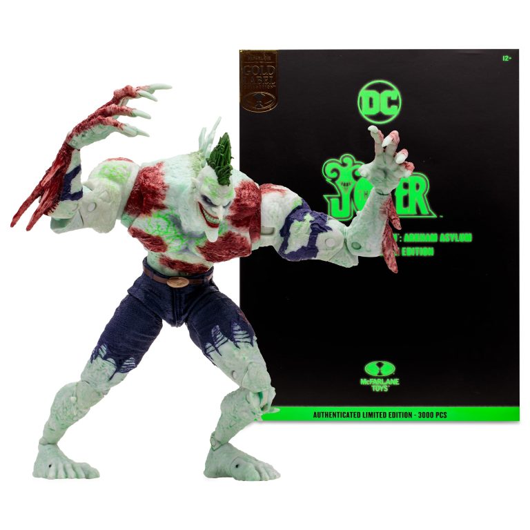 "Glow-in-the-dark McFarlane DC Multiverse The Joker Titan MegaFigure with 22 points of articulation."