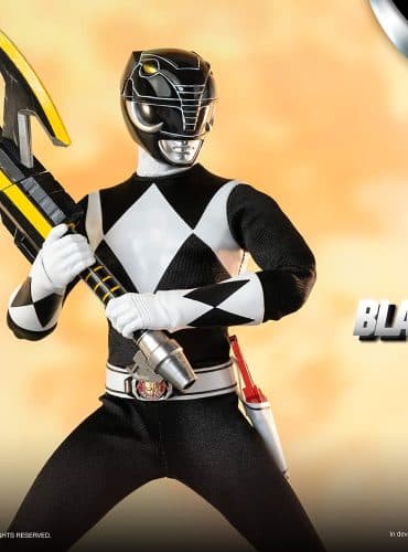 "1:6 scale ThreeZero Mighty Morphin Black Ranger action figure with Dragon Shield armor, interchangeable hands, Blade Blaster, and Power Axe."