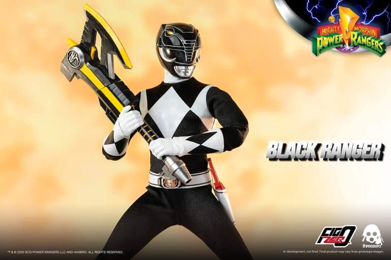 "1:6 scale ThreeZero Mighty Morphin Black Ranger action figure with Dragon Shield armor, interchangeable hands, Blade Blaster, and Power Axe."