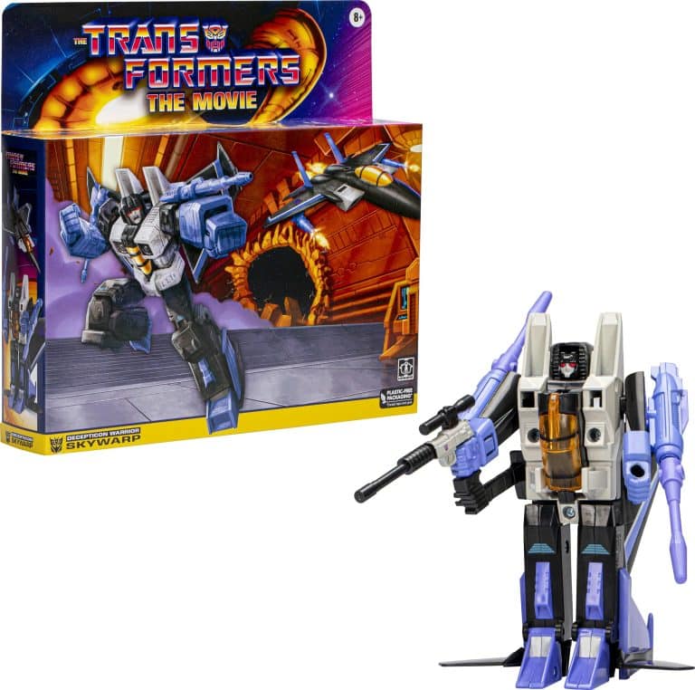 "Transformers G1 Decepticon Warrior Skywarp figure in black and purple, with signature blasters, by Hasbro."