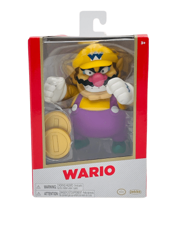 "4-inch Jakks Pacific Super Mario action figure of Wario in yellow and purple outfit with gold coins."