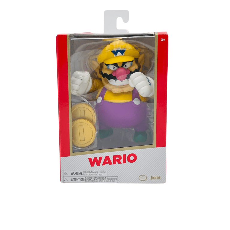 "4-inch Jakks Pacific Super Mario action figure of Wario in yellow and purple outfit with gold coins."