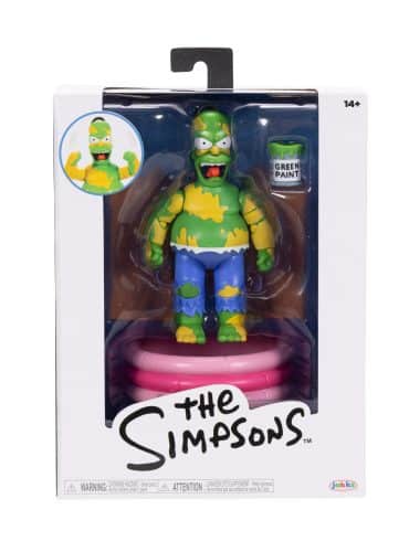 "5-inch Furious Homer Simpson action figure with accessories: fence, kiddie pool, and paint can."