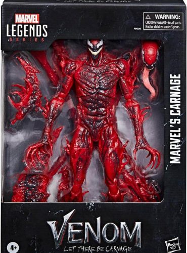 "6-inch Marvel Legends Carnage action figure with detailed red and black design and interchangeable hands."