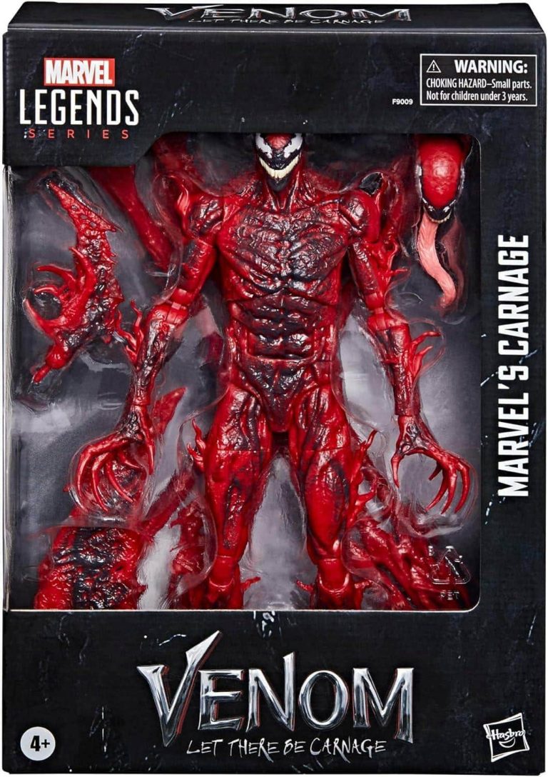 "6-inch Marvel Legends Carnage action figure with detailed red and black design and interchangeable hands."