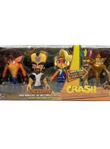 "Jakks Pacific Crash Bandicoot 4-Pack featuring figures of Crash, Coco, Dr. Neo Cortex, and Golden Crash."