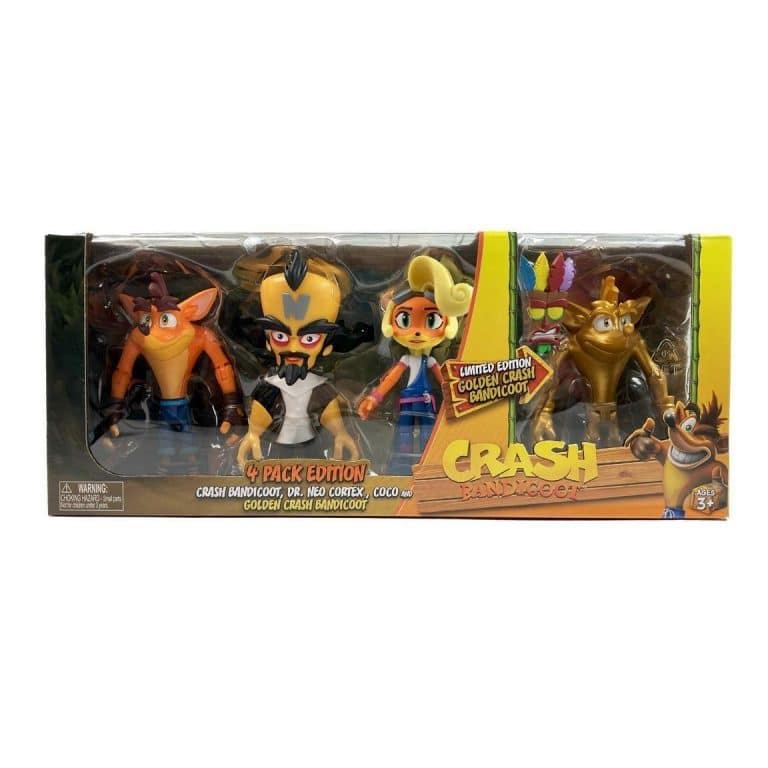 "Jakks Pacific Crash Bandicoot 4-Pack featuring figures of Crash, Coco, Dr. Neo Cortex, and Golden Crash."