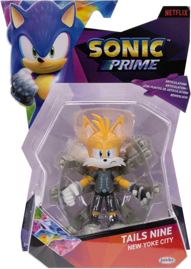 "5-inch Jakks Pacific Sonic Prime Tails Nine action figure with multiple points of articulation."