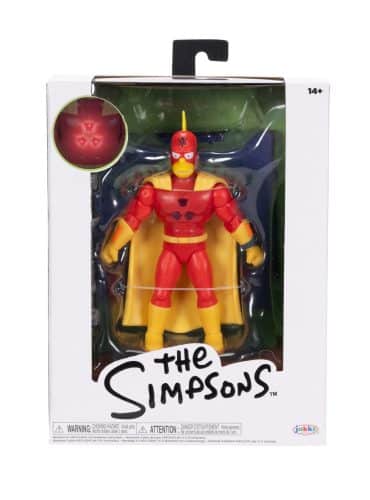 "5-inch Jakks Pacific The Simpsons Radioactive Man action figure with light-up chest, poseable stand and backdrop."