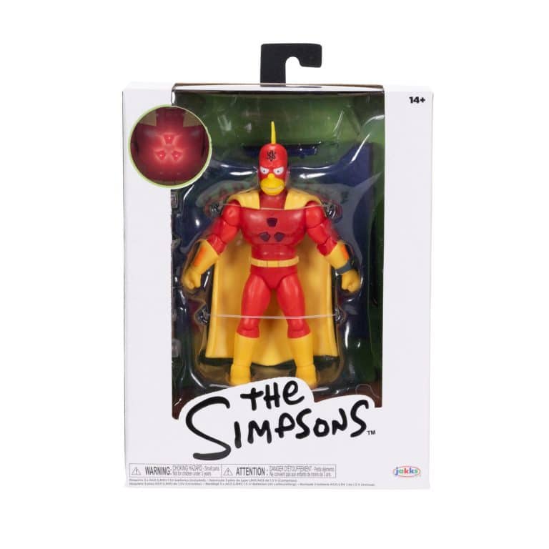 "5-inch Jakks Pacific The Simpsons Radioactive Man action figure with light-up chest, poseable stand and backdrop."