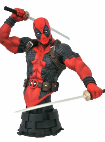 "1/7 scale Deadpool bust in red and black suit with dual katanas, designed by Nelson Asencio and sculpted by Juan Pitluk."