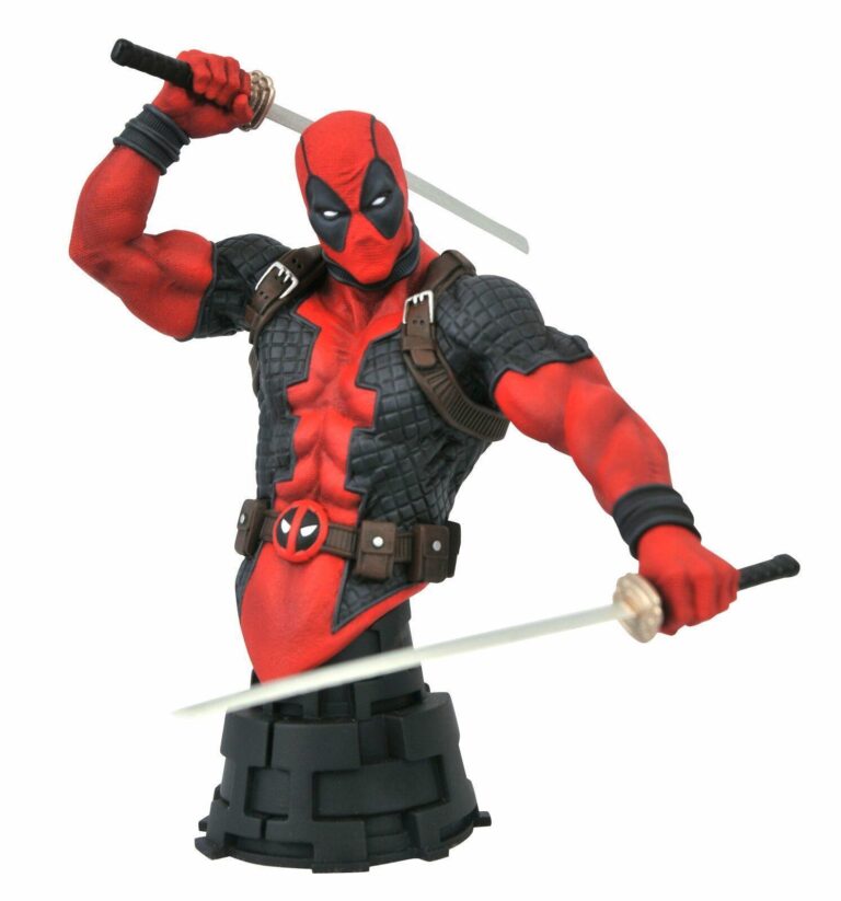 "1/7 scale Deadpool bust in red and black suit with dual katanas, designed by Nelson Asencio and sculpted by Juan Pitluk."