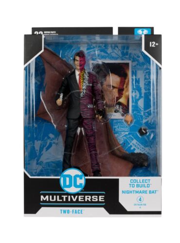 "7-inch McFarlane DC Multiverse Two-Face action figure from Batman Forever with accessories and build-a-figure piece."