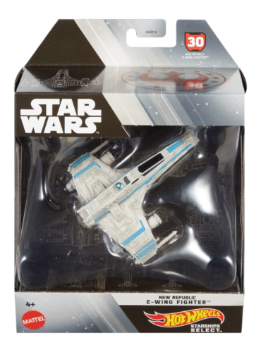 "Hot Wheels Star Wars E-Wing Fighter die-cast model with movable parts and display stand."