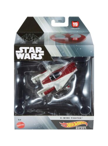 "Hot Wheels Star Wars A-Wing Fighter starship, features premium design, movable parts, and display stand."