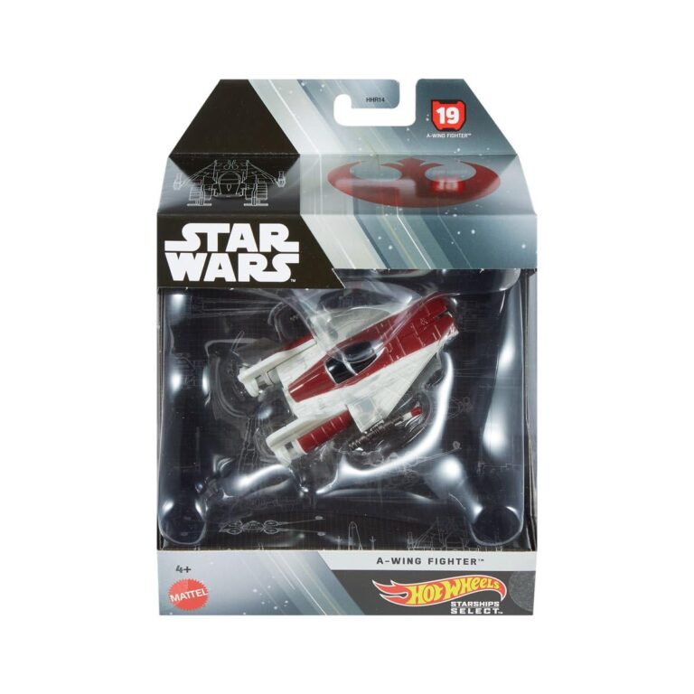 "Hot Wheels Star Wars A-Wing Fighter starship, features premium design, movable parts, and display stand."