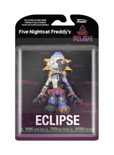 "Funko FNAF Security Breach Ruined Eclipse 5" action figure with a split face design, showcasing sunny yellows and deep blues."