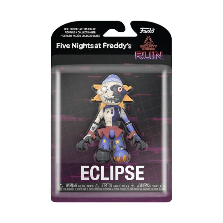 "Funko FNAF Security Breach Ruined Eclipse 5" action figure with a split face design, showcasing sunny yellows and deep blues."