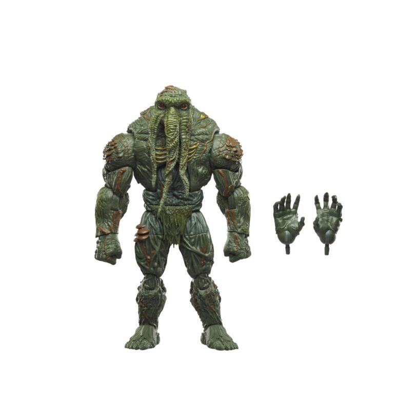 "8-inch Marvel Legends Man-Thing action figure, detailed with moss-like skin and red eyes, in collector-friendly packaging."