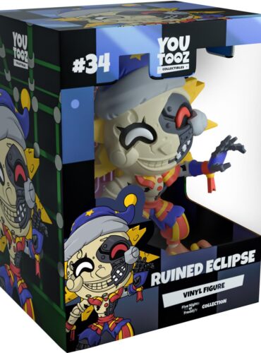 "4.9 inch Ruined Eclipse figure from Five Nights at Freddy's with torn face, sun rays, star-patterned hat, and packaged in a 'Security Breach' themed box."