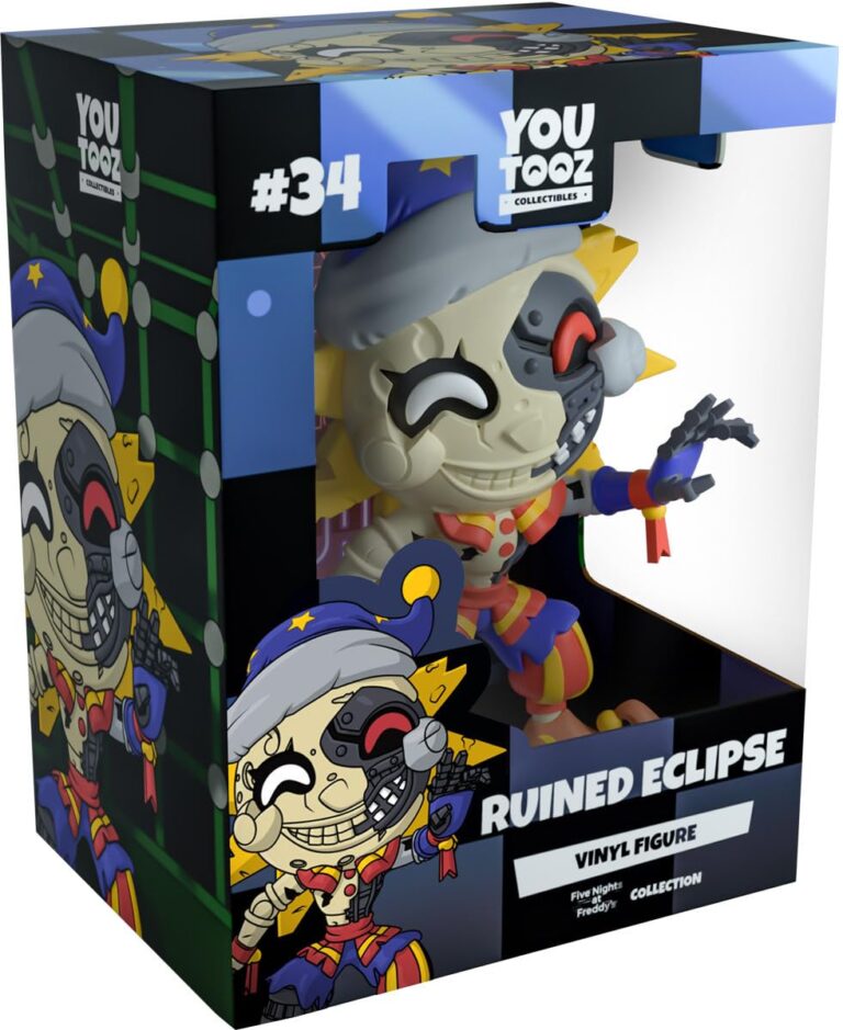 "4.9 inch Ruined Eclipse figure from Five Nights at Freddy's with torn face, sun rays, star-patterned hat, and packaged in a 'Security Breach' themed box."